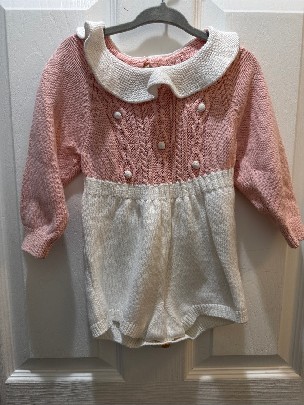 SHEIN Pink and White Knit Romper with Peter Pan Collar